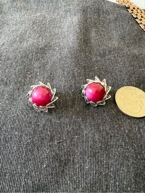 Vintage Raspberry Pink Moon Glow Silver Clip Earrings